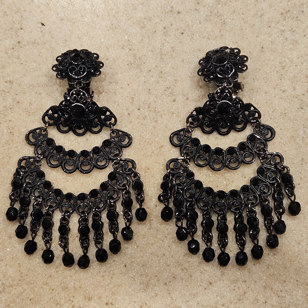 Rare Vintage Jose & Maria Barrera Black Crystal Silver Drop Chandelier Earrings